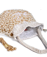 Adara Ivory Suede Potli With Pearl Gold Hanging