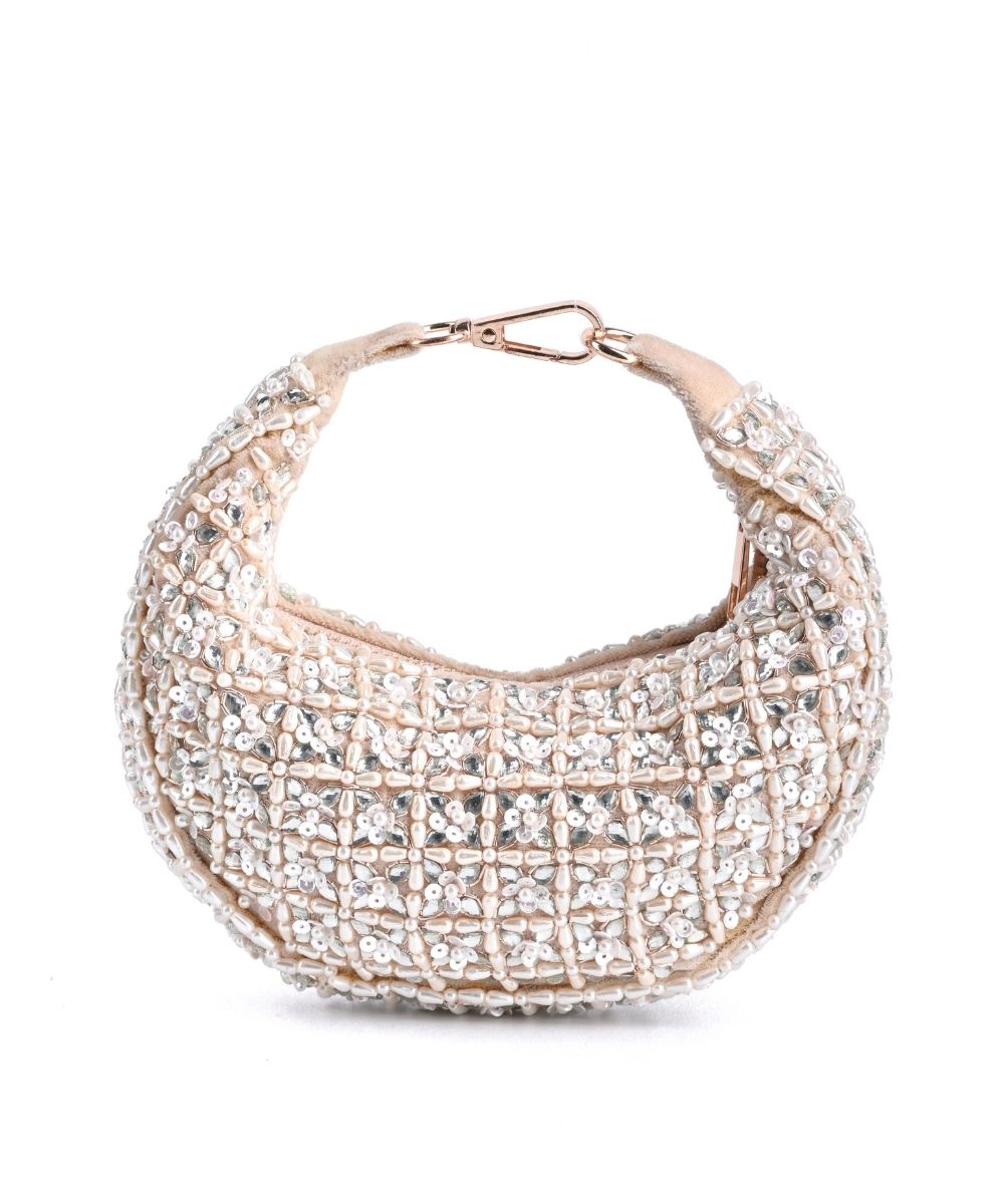 Fiza Ivory Suede Embelished Hobo Bag
