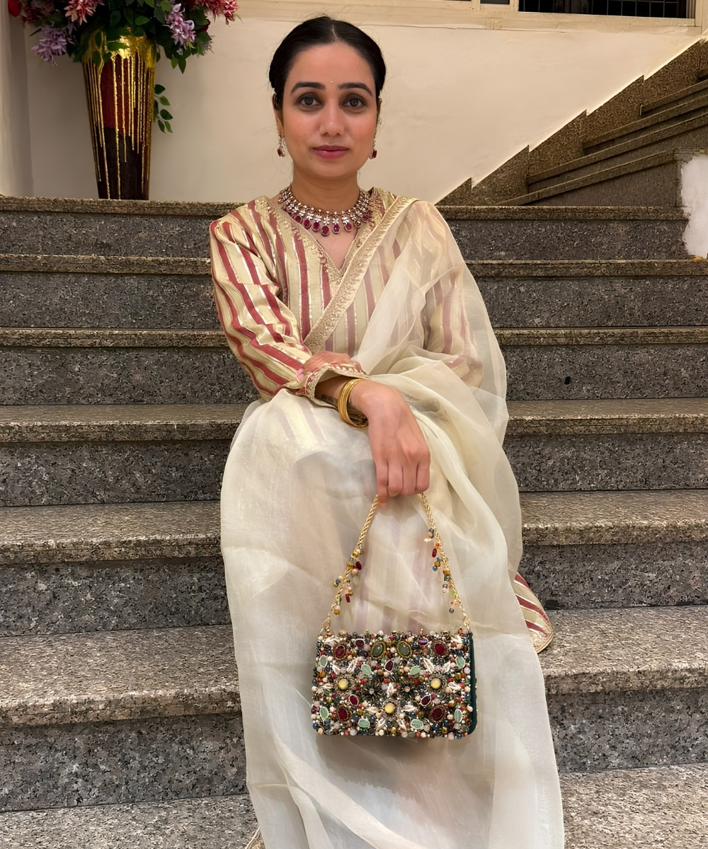 Noorani Multicolor Suede Embellished Clutch