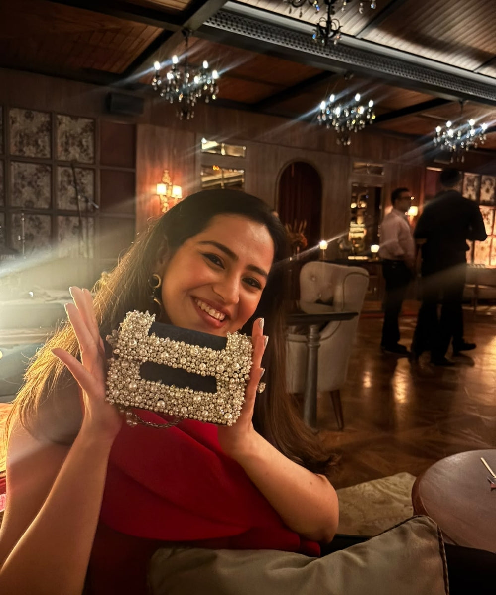 Elana Denim Pearl Embellished Clutch