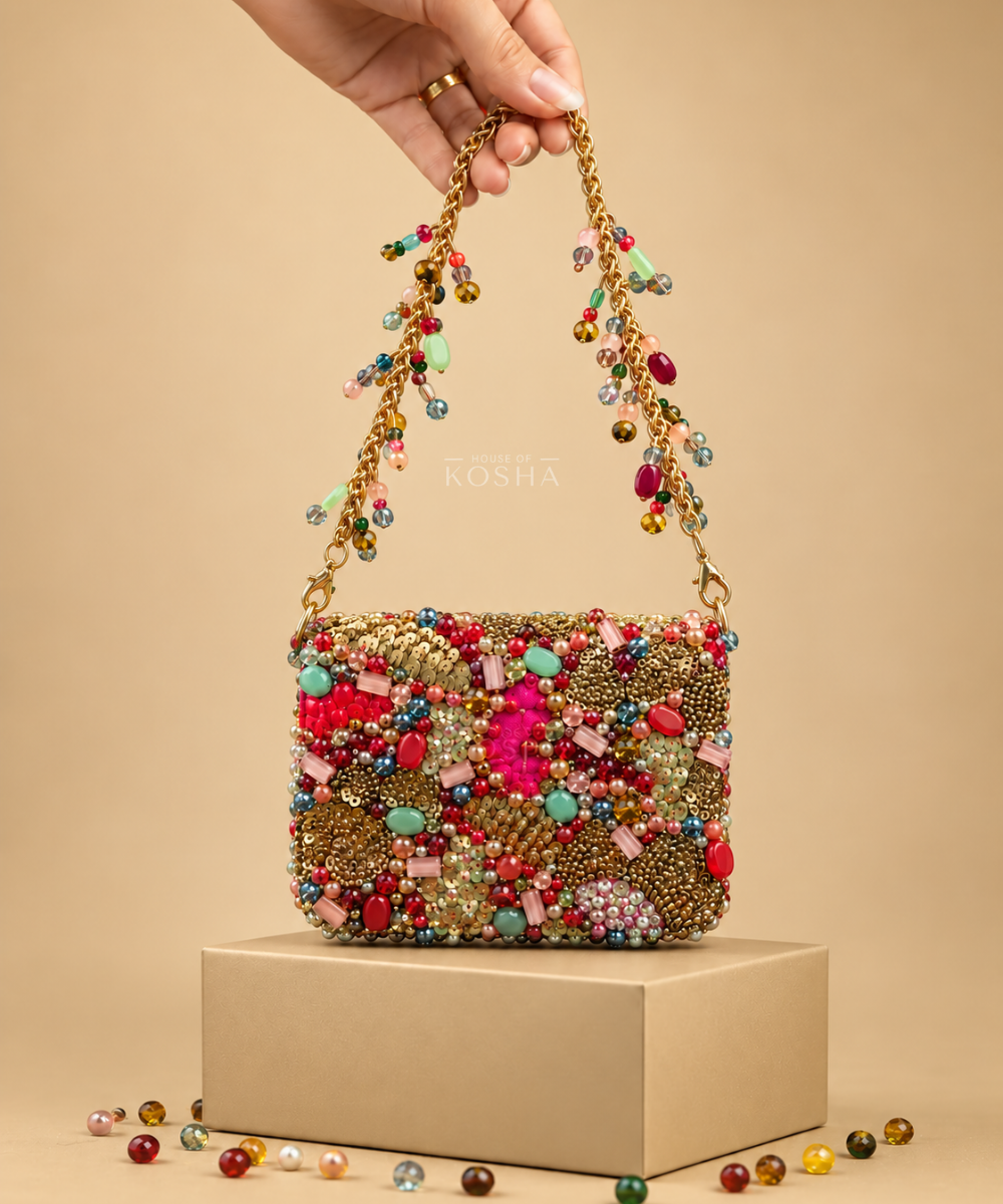 Mehrunisa Pink Suede Embroidered Mini Bag
