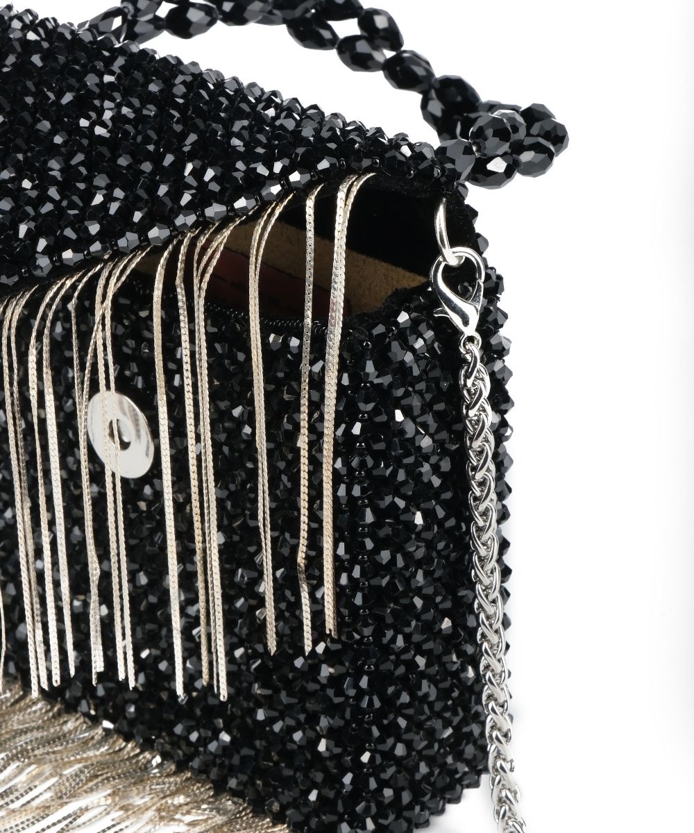 Natali Black Embellished Mini Bag With Silver Chain