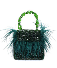 Natali Green Embellished Mini Bag With Feathers