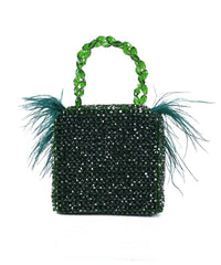 Natali Green Embellished Mini Bag With Feathers