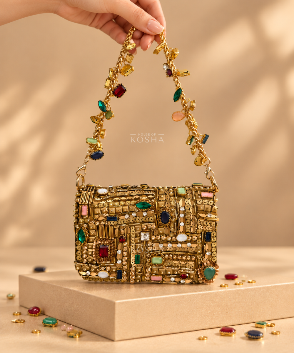 Maha Gold Georgette Embellished Mini Bag