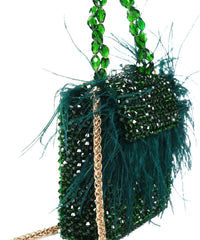 Natali Green Embellished Mini Bag With Feathers