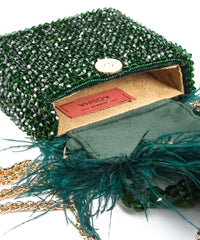 Natali Green Embellished Mini Bag With Feathers