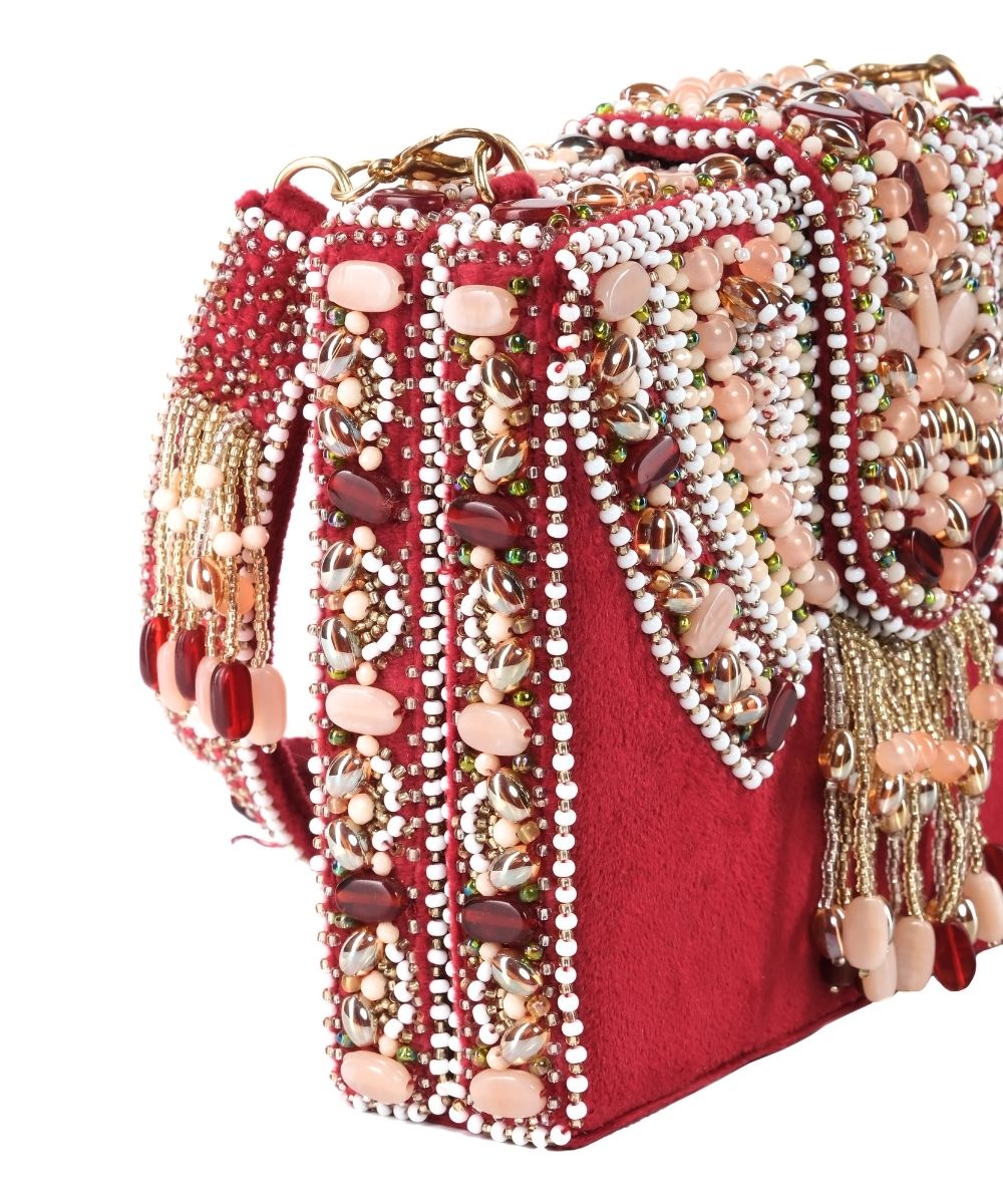 Sara Maroon Suede Embellished Box Bag