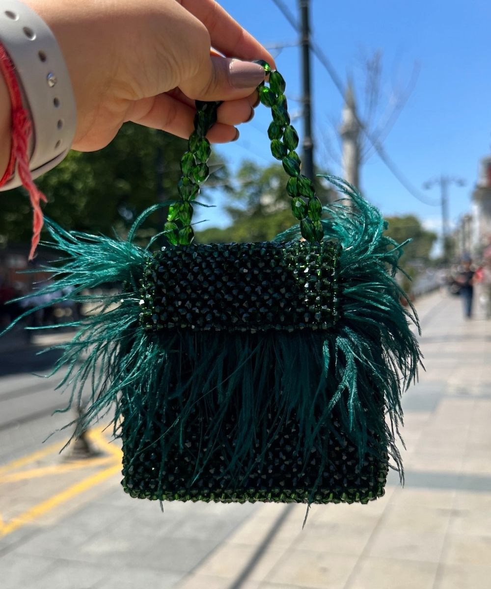 Natali Green Embellished Mini Bag With Feathers