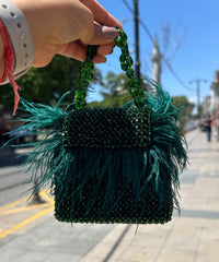 Natali Green Embellished Mini Bag With Feathers