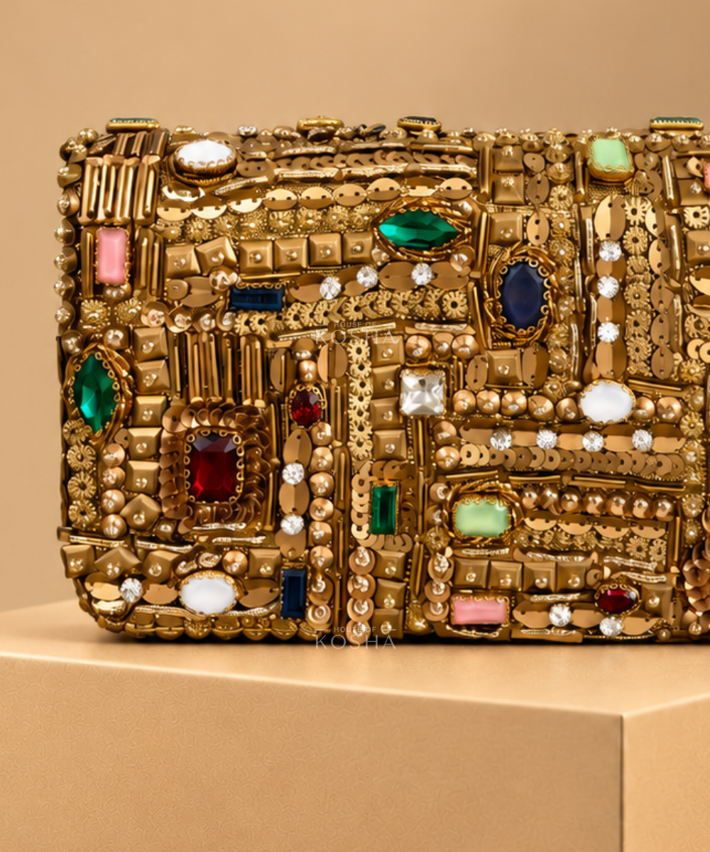 Maha Gold Georgette Embellished Mini Bag