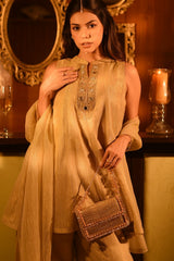 Elif Gold Georgette Embellished Clutch