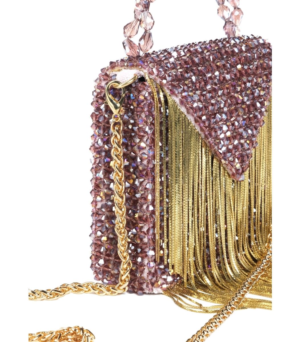 Natali Mauve Embellished Mini Bag With Gold Chain