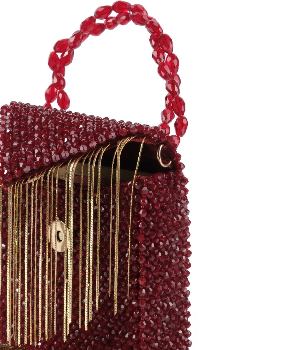 Natali Maroon Embellished Mini Bag With Gold Chain