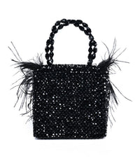Natali Black Embellished Mini Bag With Feathers