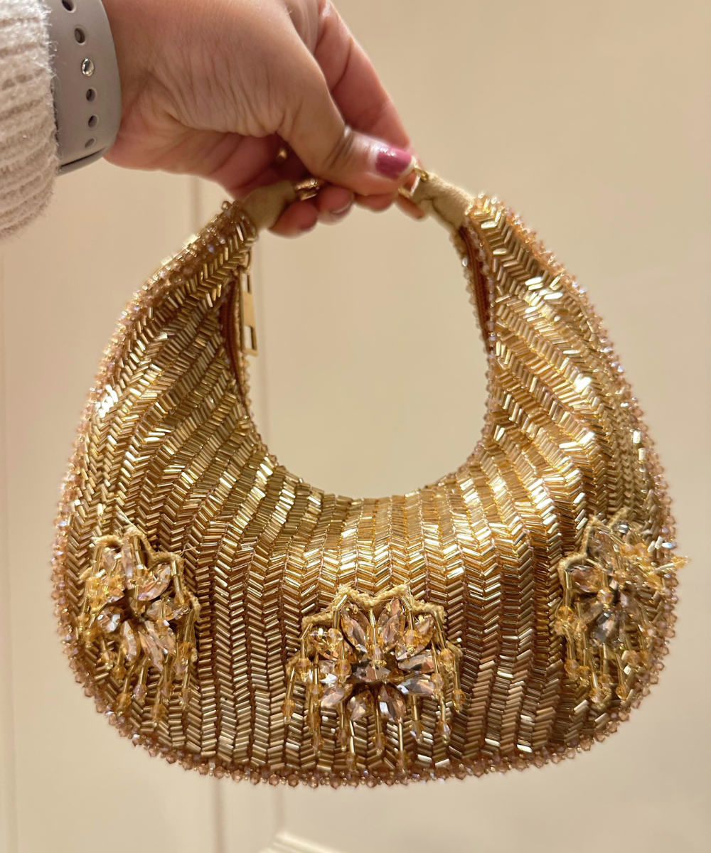 Elina Gold Suede Embellished Hobo Bag- House of Kosha -2