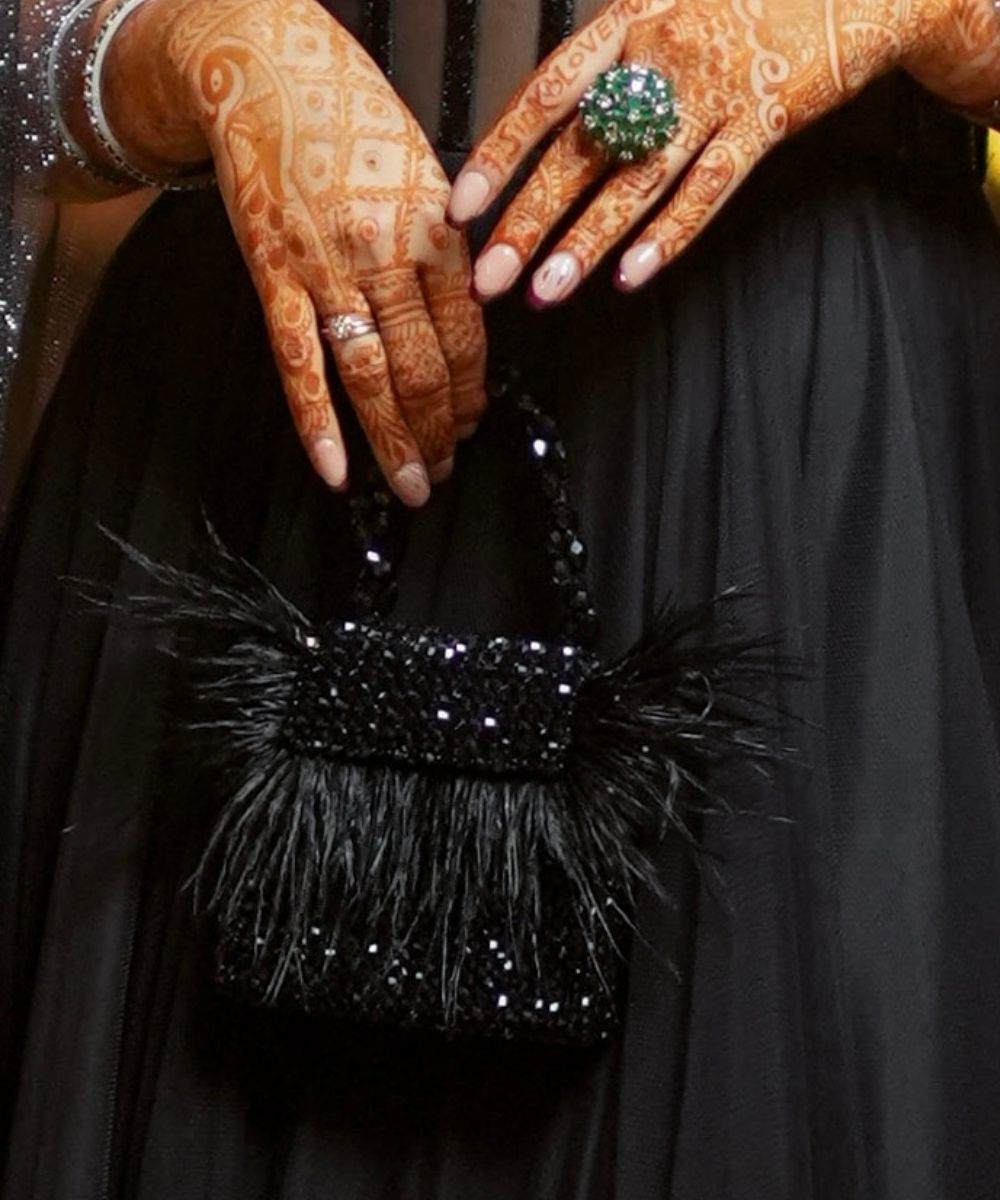Natali Black Embellished Mini Bag With Feathers