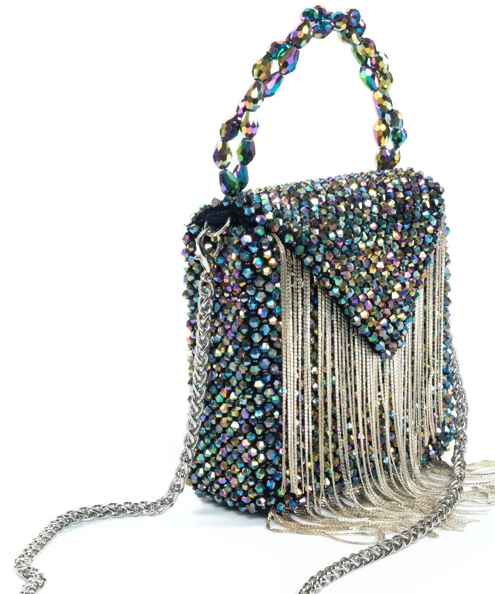 Natali Metallic Embellished Mini Bag With Silver Chain Multi Color Free Size