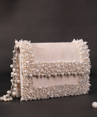 Aliya Ivory Suede Pearl Embellished Clutch