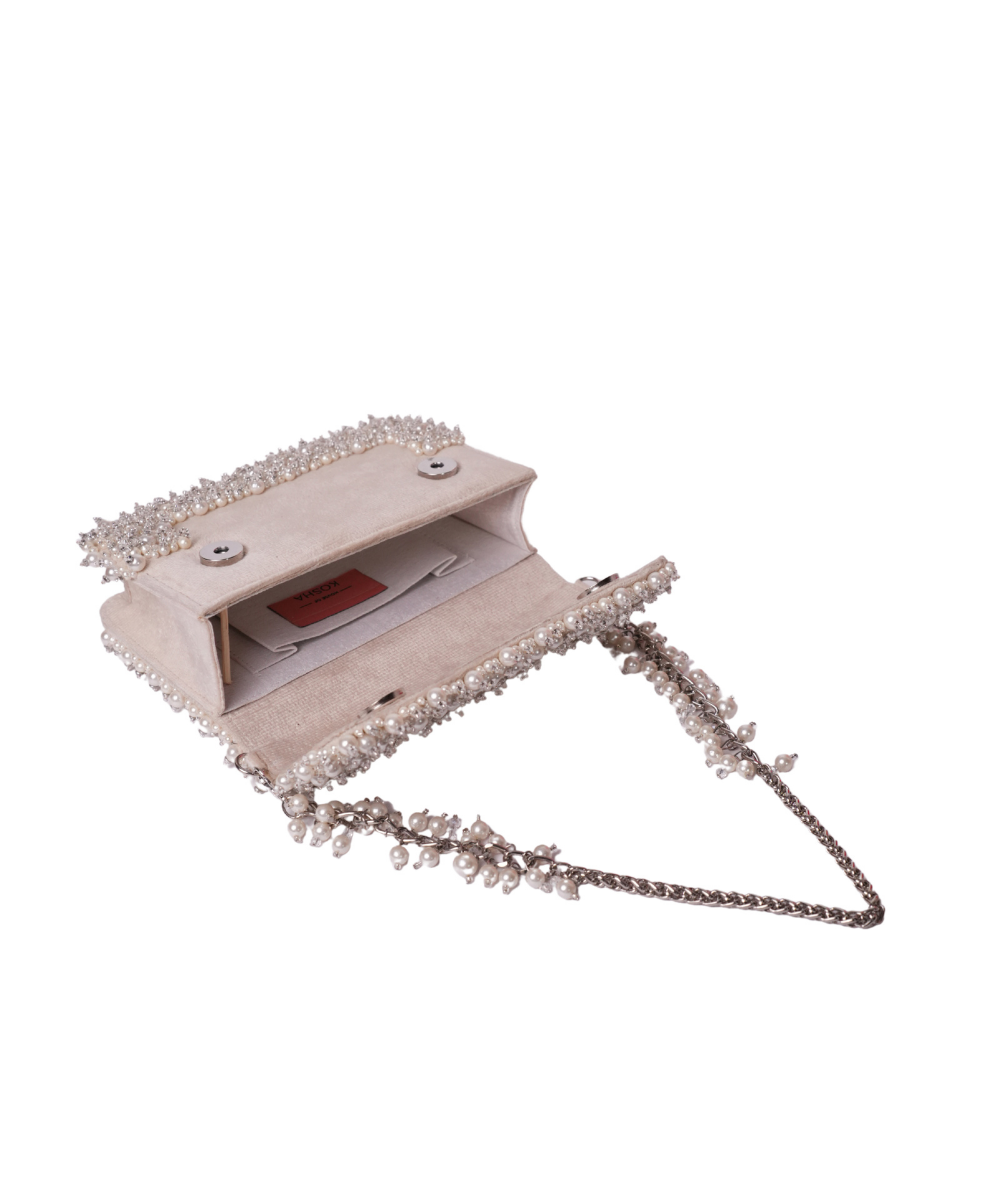 Aliya Ivory Suede Pearl Embellished Clutch