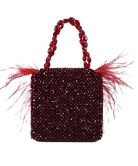 Natali Red Embellished Mini Bag With Feathers