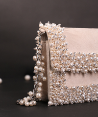Aliya Ivory Suede Pearl Embellished Clutch