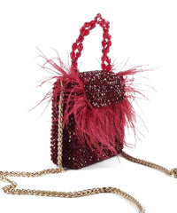 Natali Red Embellished Mini Bag With Feathers