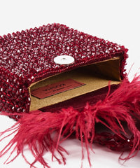 Natali Red Embellished Mini Bag With Feathers
