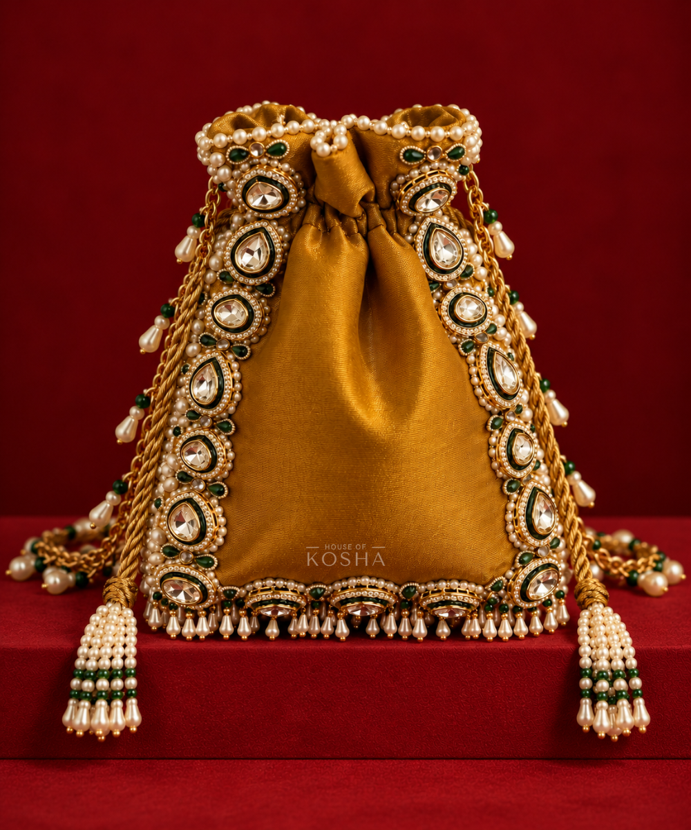 Padmini Gold Brocade Kundan Embroidered Potli
