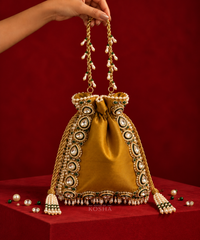 Padmini Gold Brocade Kundan Embroidered Potli