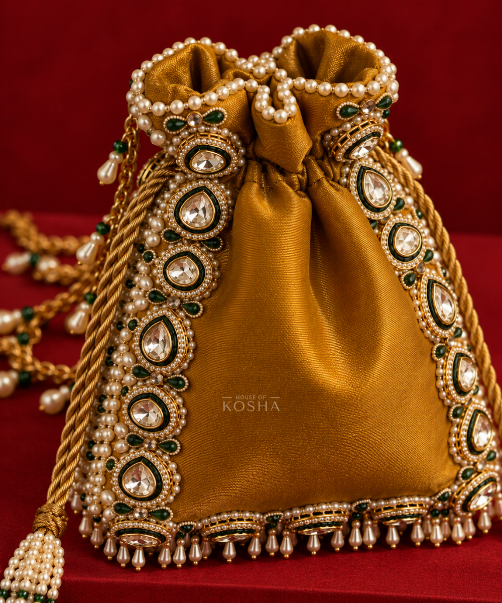 Padmini Gold Brocade Kundan Embroidered Potli