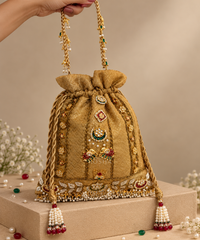Jodha Gold Brocade Kundan Embroidered Potli