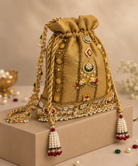 Jodha Gold Brocade Kundan Embroidered Potli