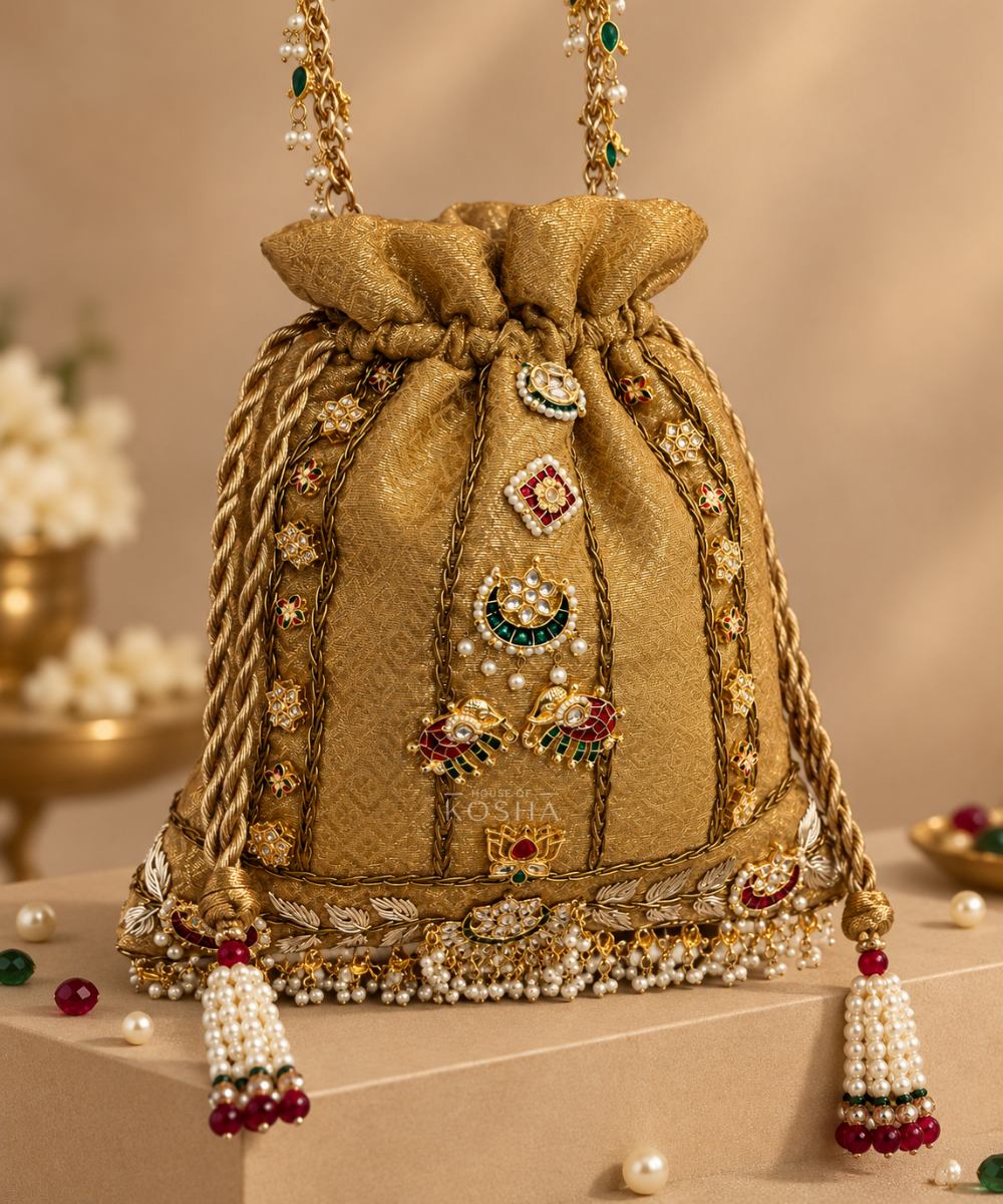 Jodha Gold Brocade Kundan Embroidered Potli