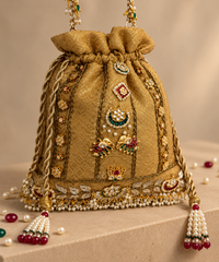 Jodha Gold Brocade Kundan Embroidered Potli