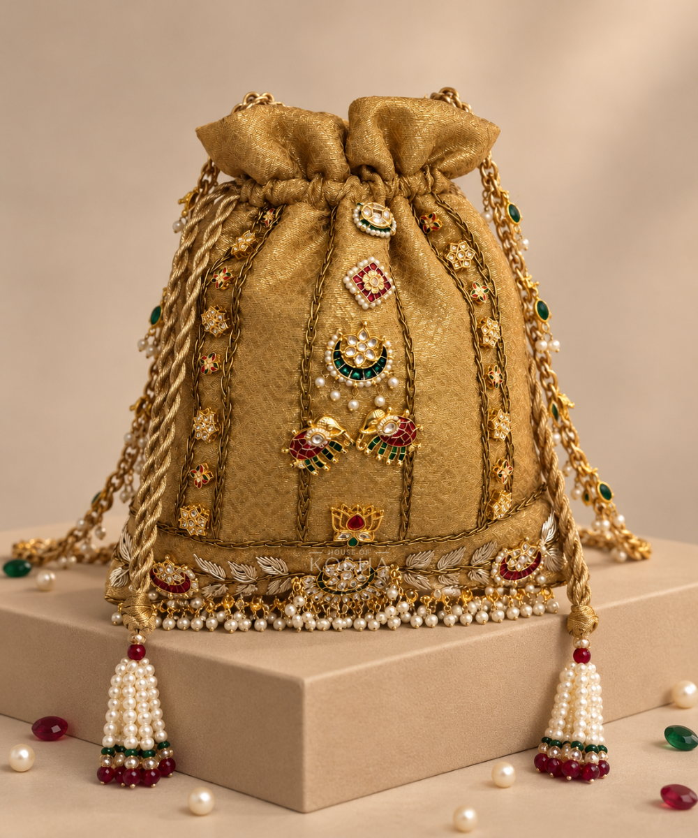 Jodha Gold Brocade Kundan Embroidered Potli