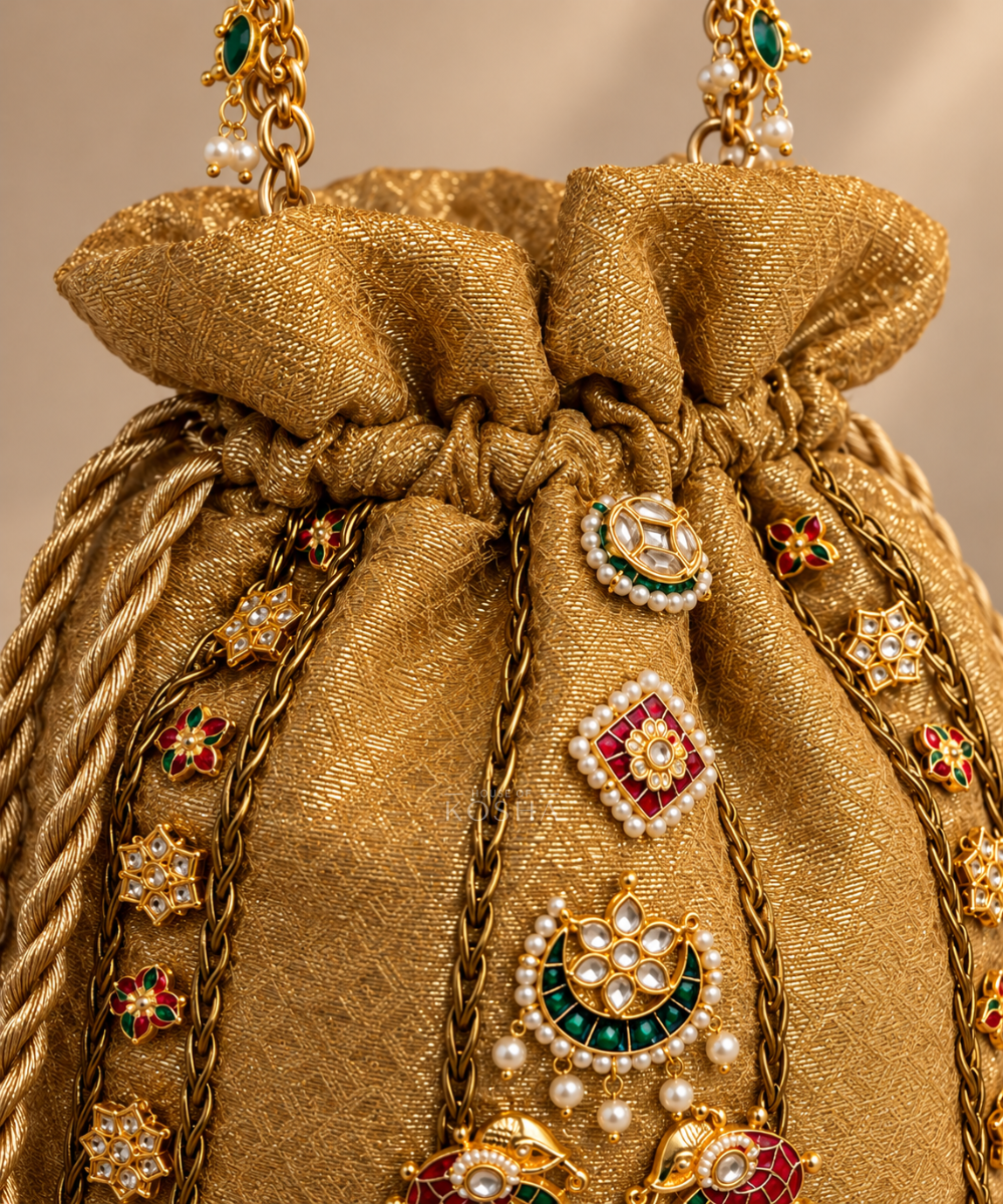 Jodha Gold Brocade Kundan Embroidered Potli