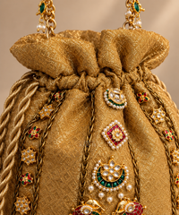 Jodha Gold Brocade Kundan Embroidered Potli