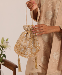 Sunheri Gold and Silver Georgette Embellished Potli- House of Kosha -2