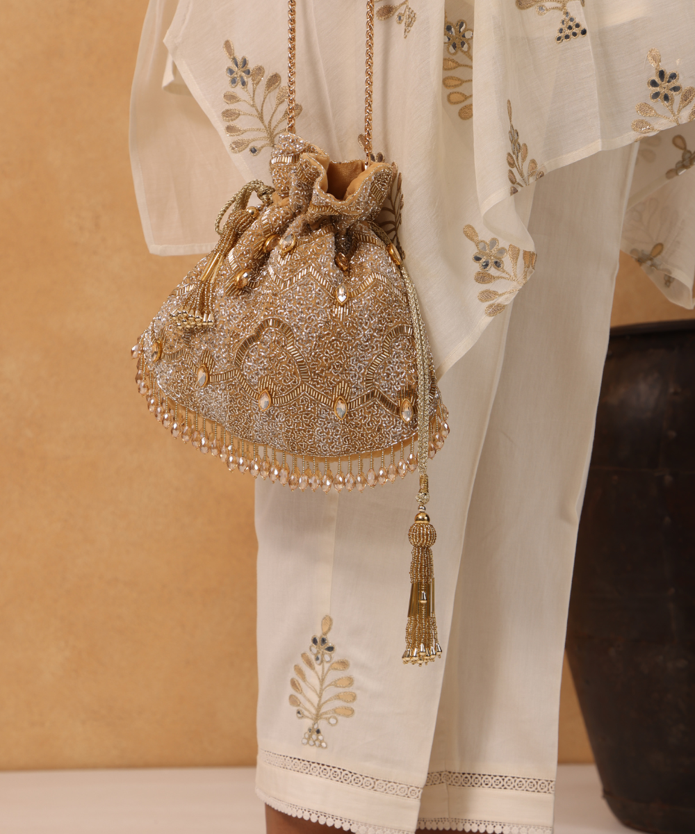 Sunheri Gold and Silver Georgette Embellished Potli- House of Kosha -4