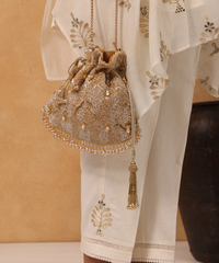 Sunheri Gold and Silver Georgette Embellished Potli- House of Kosha -4