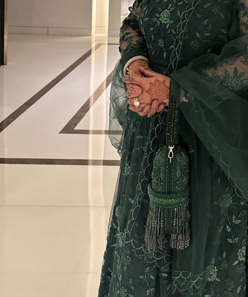 Azmat Green Suede Embellished Capsule Bag