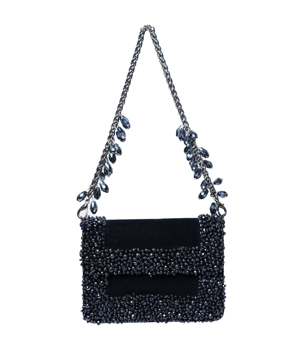Elana Navy Blue Suede Crystal Embellished Mini Bag