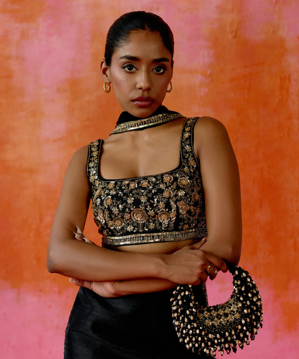 Alara Black Pastel Suede Embellished Hobo Bag