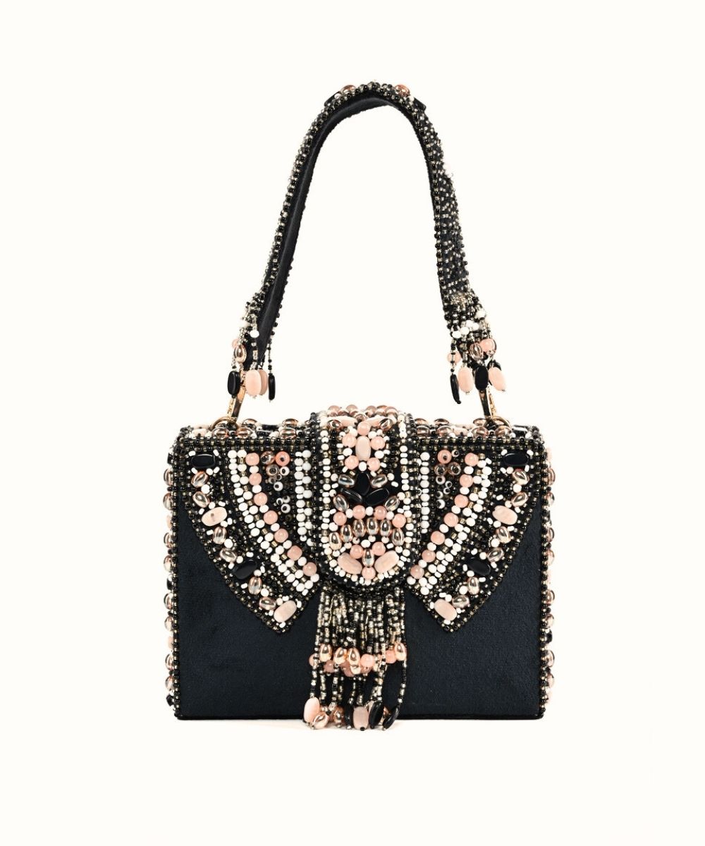 Sara Black Suede Embellished Box Bag