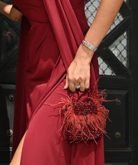 Natali Red Embellished Mini Bag With Feathers