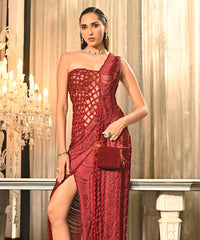 Natali Red Embellished Mini Bag With Feathers