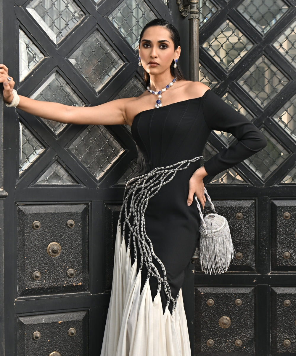 Glitz Silver Georgette Rhinestone Bucket Bag