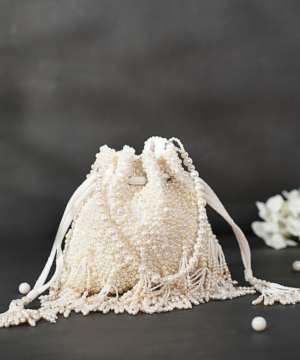 Emma Ivory Suede Pearl Embellished Potli