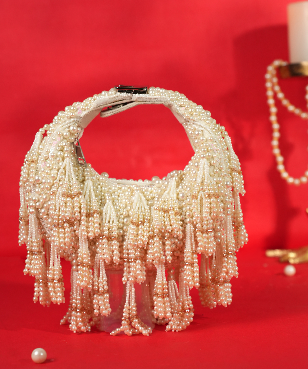 Emma Ivory Suede Pearl Embellished Hobo Bag
